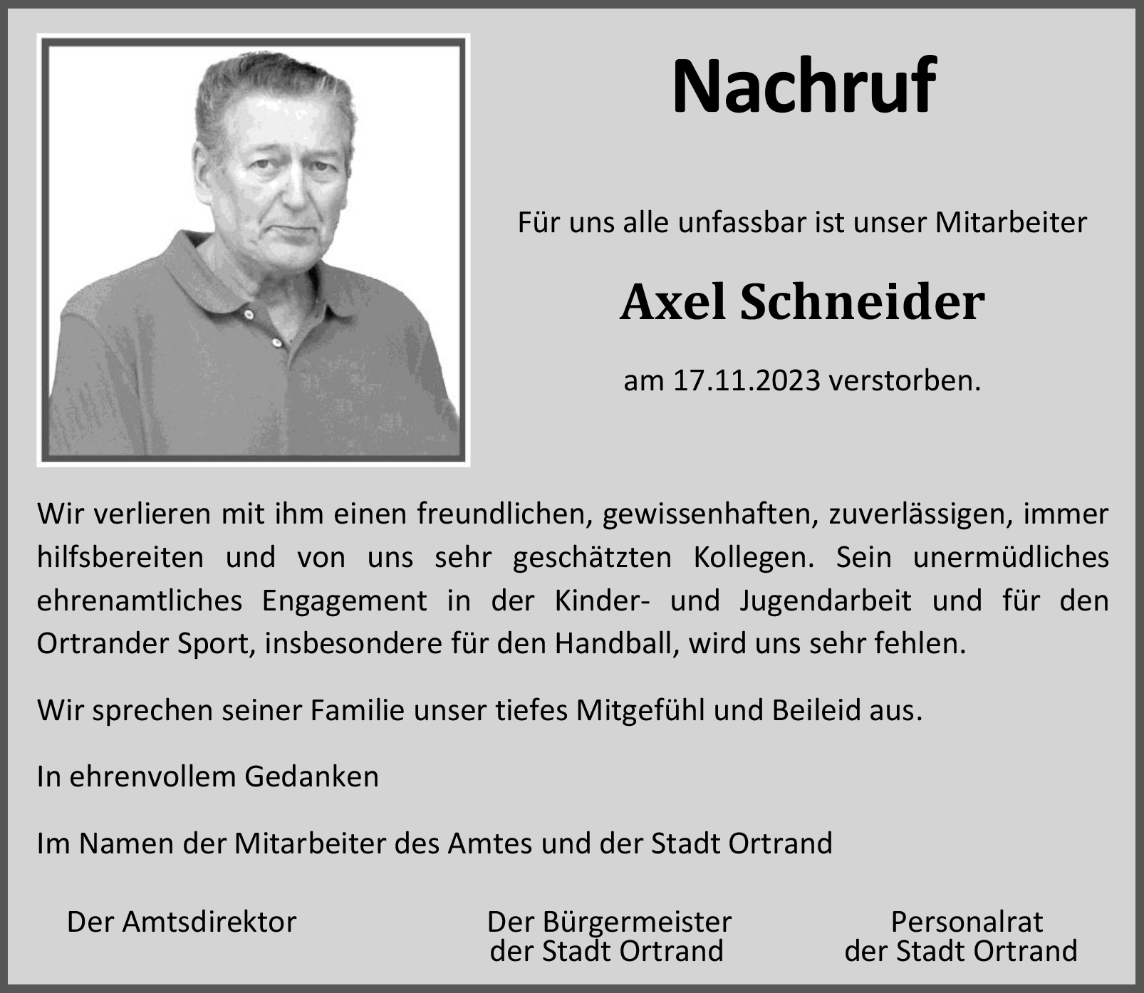 Trauer Axel Schneider